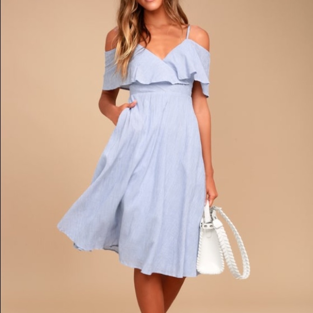 Blue & White Striped Off the Shoulder Dress